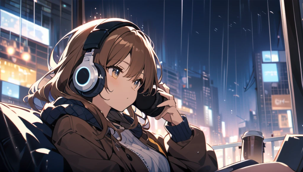 Girl wearing headphones,Drinking coffee while listening to jazz music,Brown Hair,relax,rain night
Night city