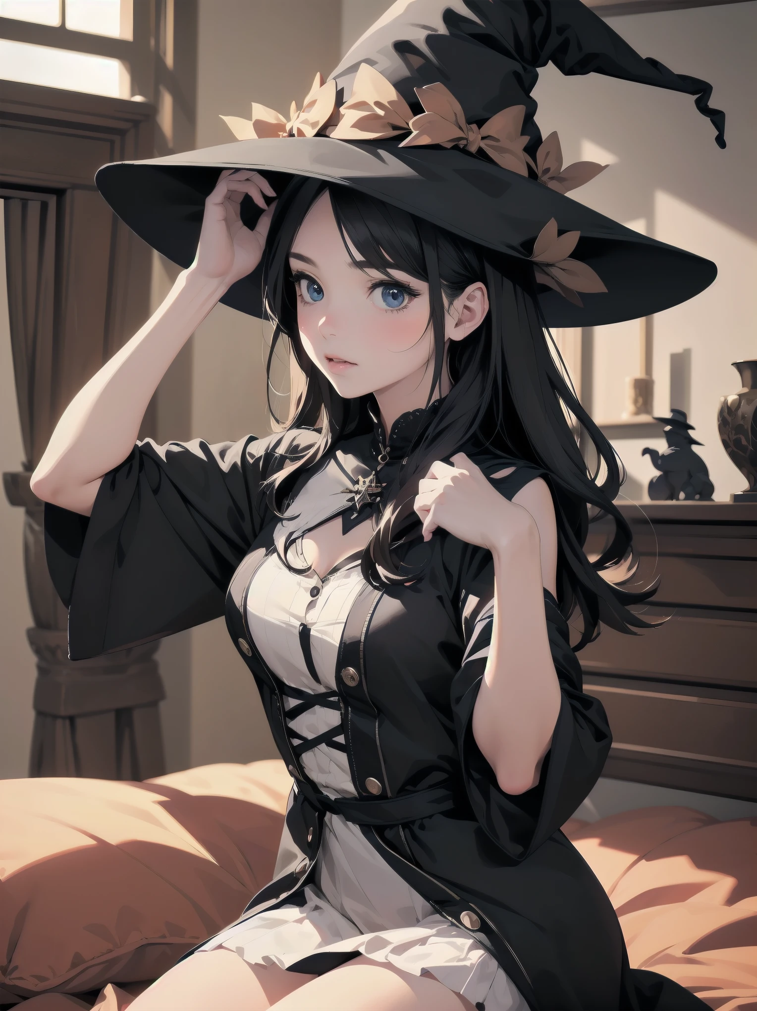 masterpiece,8k, (highest quality), (Best Shadow), (Maximum resolution: 1.2), (smile), Backlight,Highly detailed face and skin texture, Delicate eyes, Dark blue eyes, double eyelid, Natural Cheeks, White skin, (Glossy lips),(pretty girl:1.3), (Wavy long hair), (Light brown hair), ((switch hat)),huga breasts,((Black Mage Dress)),(dark color lace skirt),white panties,cameltoe,(lantern),many books, Ancient Magic Map,mage stuff