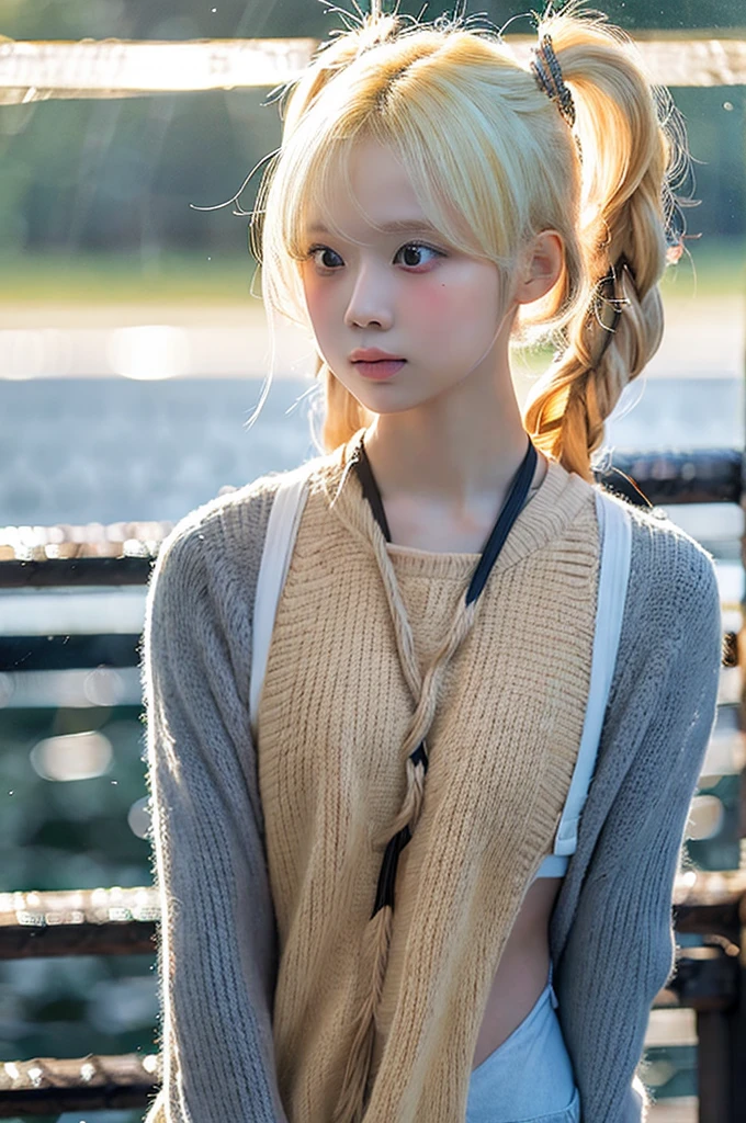 Highest quality, masterpiece, Ultra-high resolution, (photoRealistic), RAW Photos,One girl, skinny,alone, Realistic, View your viewers, Bokeh Background, Outdoor, cloud, Blonde hair braided in twin tails,bound,