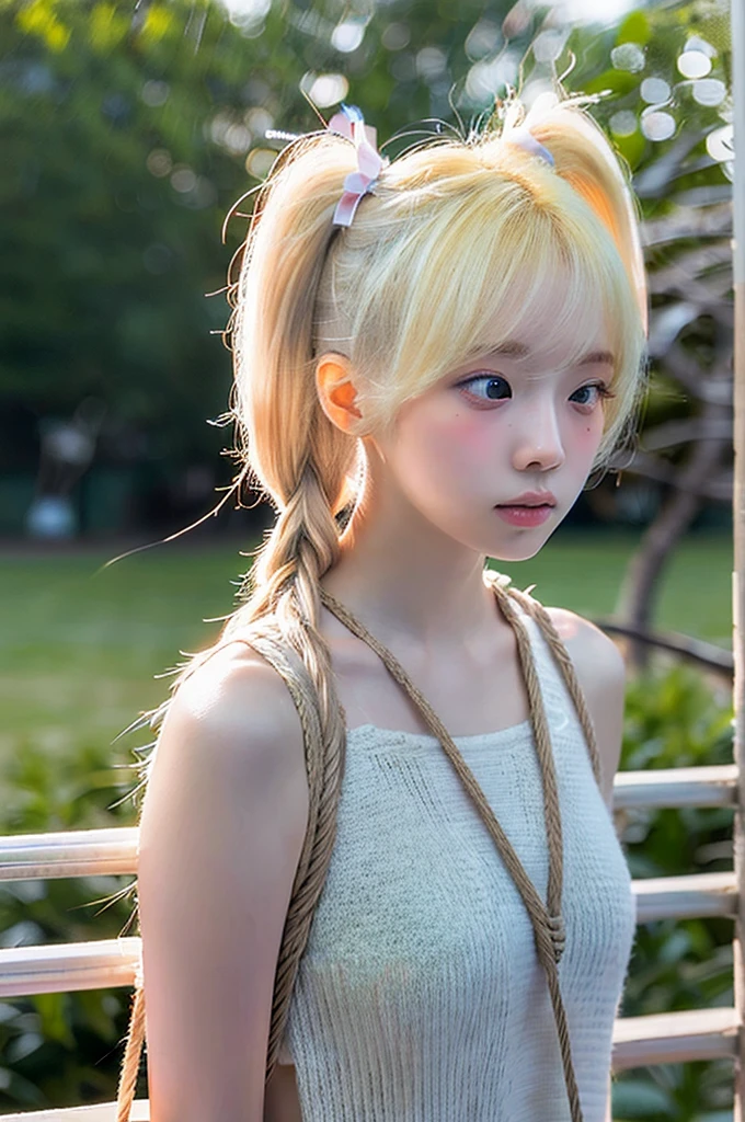 Highest quality, masterpiece, Ultra-high resolution, (photoRealistic), RAW Photos,One girl, skinny,alone, Realistic, View your viewers, Bokeh Background, Outdoor, cloud, Blonde hair braided in twin tails,bound,