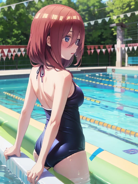 best quality, insanely detailed, miku nakano, one-piece swimsuit, breasts, blush, swimming pool background, back style, look into the distance