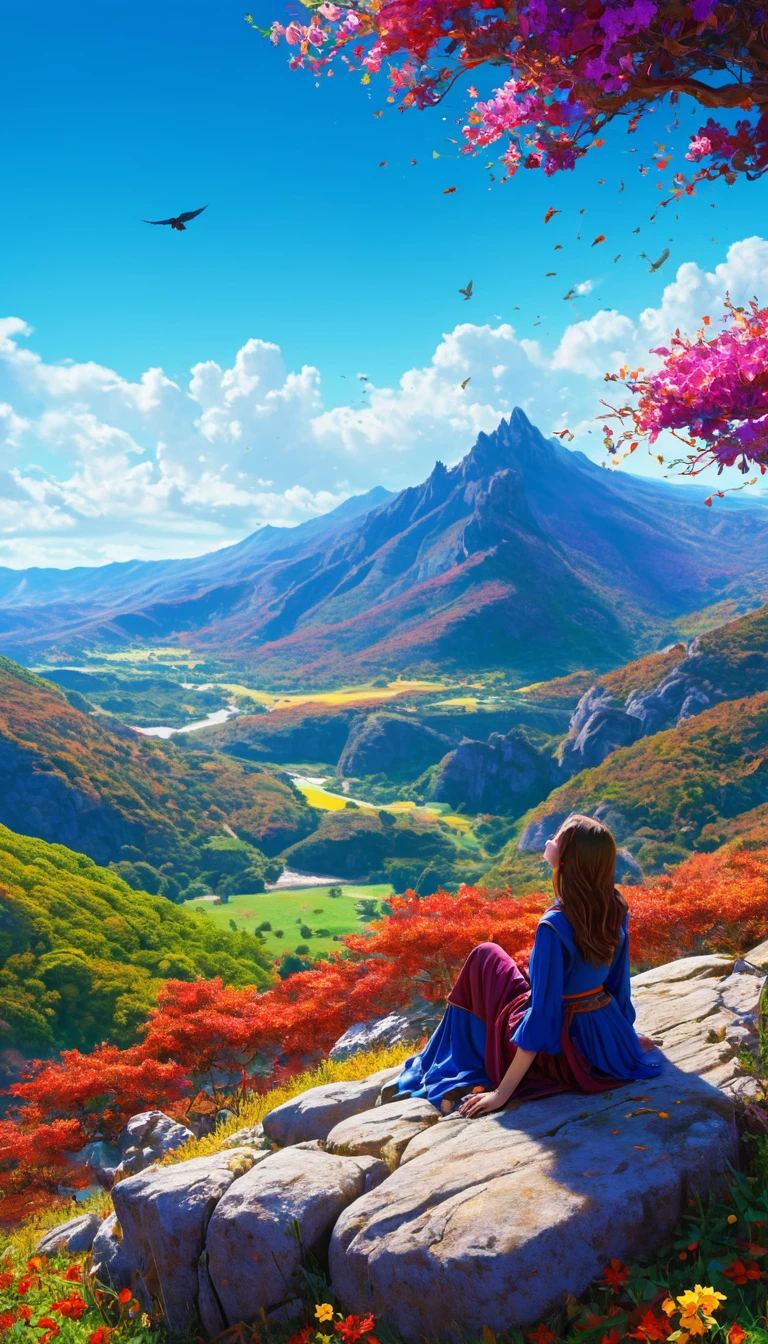 anime-style illustration, The image shows a young woman sitting watching overlooks the vast expanse of clear blue sky and underneath a large valley mountain, flower colorful color blue red green purple yellow, fantasy world medieval, rocks, tree branches, fallen leaves, birds, The scene is depicted in a highly saturated and vibrant style, intense and rich COLORS VIVID, strong exaggerated colors, , dramatic lighting, epic, majestic, awe-inspiring, mystical, ethereal, The sky above is clear blue sky, The atmosphere is full of magical color films, High Detail.