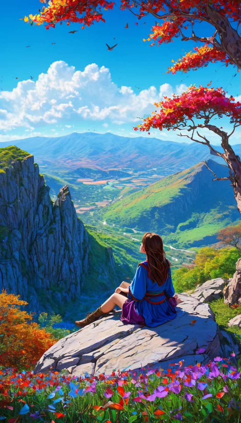 anime-style illustration, The image shows a young woman sitting watching overlooks the vast expanse of clear blue sky and underneath a large valley mountain, flower colorful color blue red green purple yellow, fantasy world medieval, rocks, tree branches, fallen leaves, birds, The scene is depicted in a highly saturated and vibrant style, intense and rich COLORS VIVID, strong exaggerated colors, , dramatic lighting, epic, majestic, awe-inspiring, mystical, ethereal, The sky above is clear blue sky, The atmosphere is full of magical color films, High Detail.