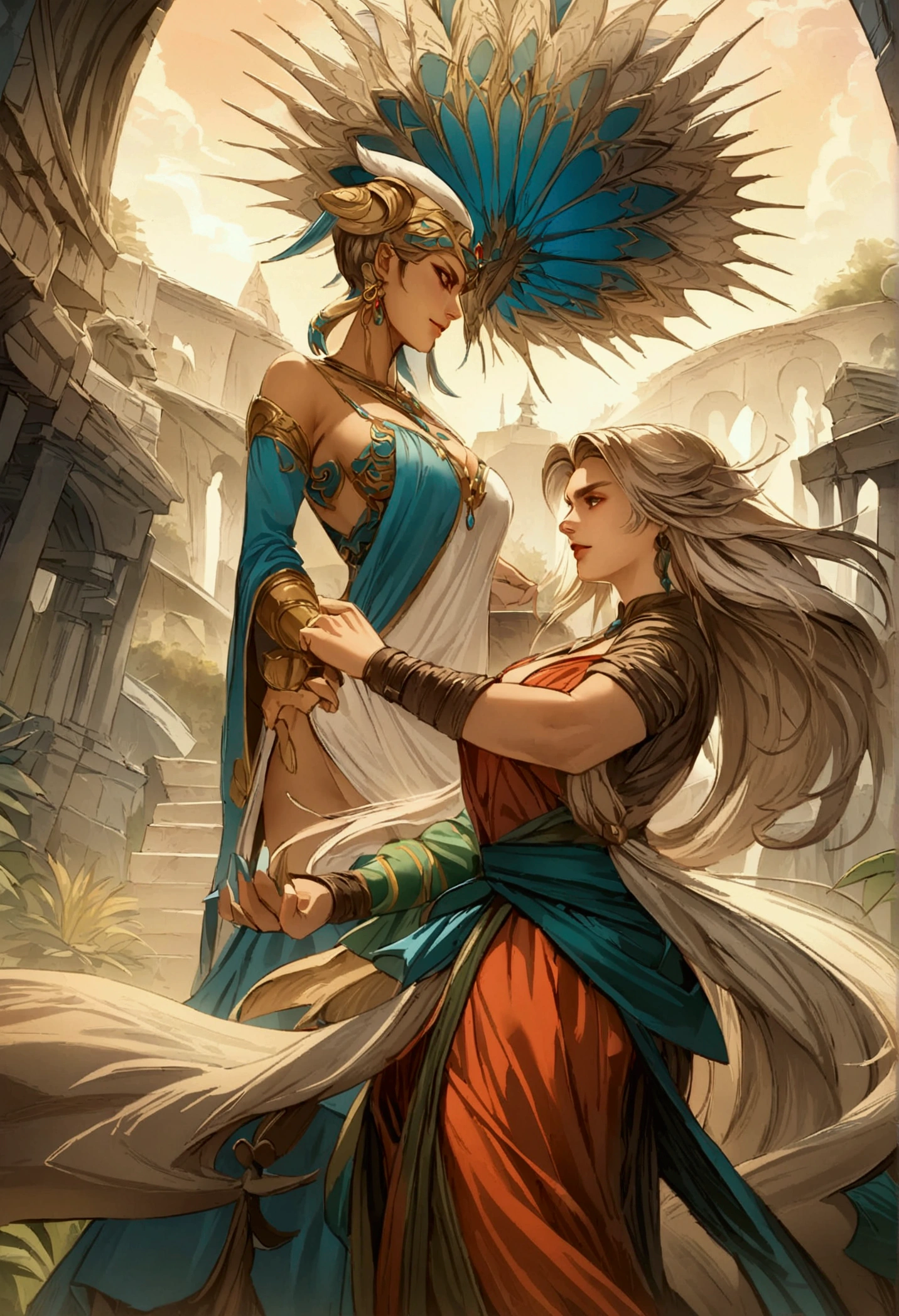 two women in traditional Brazilian clothes are facing each other fighting, epic tale of the twin sisters, a beautiful art illustration, indian art, highly detailed digital art in 4k, graphic artist Magali Villeneuve, High-quality, detailed artwork in 8K, Direction: Hovsep Pushman, Symmetrical epic fantasy art, Bela arte UHD 4K, por Daryush Shokof