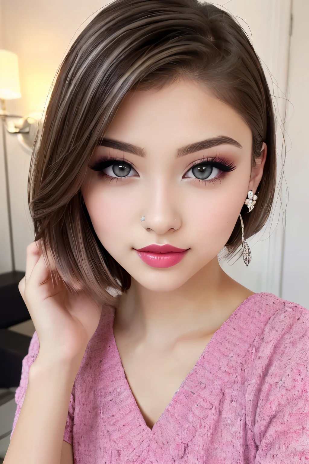 Ultra realistic ((Top Quality、16K、masterpiece:1.3))、a tall and beautiful woman、Perfect Figure:1.4、retro futuristic aesthetic, young woman (charming) solo, pale-brown bob hair, (short hairstyle) with hair bangs, realistic eyes, pale-white skin (highlighted, realistic shading)、huge bust、Highly detailed facial and skin texture、(A detailed eye, Symmetry Eyes, Clear realistic eyes, Double eyelidd、Cold-stricken face、Symmetrical face), very realistic skin, goth makeup, Royal sisters full of fans、The Telegraph Esbian、peach buttocks, white women's shirt, alternative skirt, black tights, squart、(Raw foto:1.2)、((Photorealcitic:1.4))Top Quality、masterpiece、Real Photography、very delicate and beautiful.、super detailed CG、Unity、8K photo wallpaper、delicate detail、best qualtiy、Highly detailed CG unity 16k wallpaper、absurderes、Incredibly Absurd、huge file size、extremely highly detailed、Hight Resolution、ighly Details、Beautiful detail girl、extremely beautiful eyes and face, cute eyes look、Facial light、cinematic lightings、(Proportional hips, thick thighs, beautiful legs, realistic pantyhose) 1girll、see -through, inside a futuristic bedroom, neon soft lights in the dark room environment (soft magenta, cyan and pale-yellow ambient lights) , dream atmosphere、ulzzang-6500、The Telegraph Esbian, different poses at different angles,