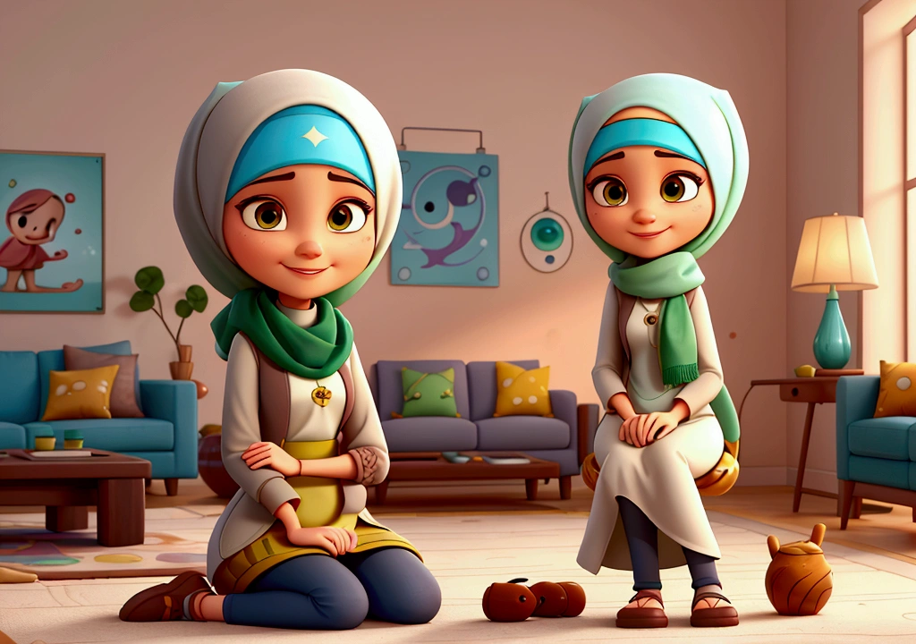 A Disney Pixar-style cartoon character with a modern Arabic hijab tied around her neck.,Brown eyes and white skin, with a broad smile, her head tilted slightly, her long hijab covering her feet, the hijab is reddish gray, with an emerald green scarf, sitting on a modern light gray sofa, in a modernly decorated living room with bright walls.