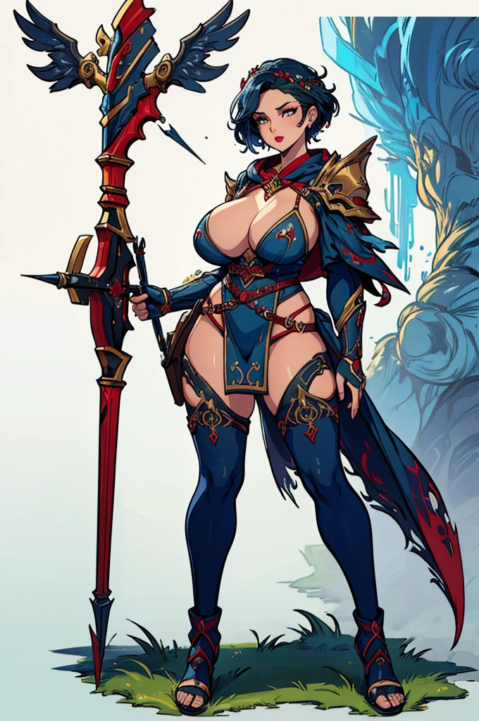 (masterpiece, best quality, high resolution, (huge breasts)) 1 beautiful woman, very messy short blue hair, red lips, a powerful looking full body hunter or druid outfit, druid accessories, druid crossbow in left hand, (white background ,Stickers.Redmond ), ((full body standing)),