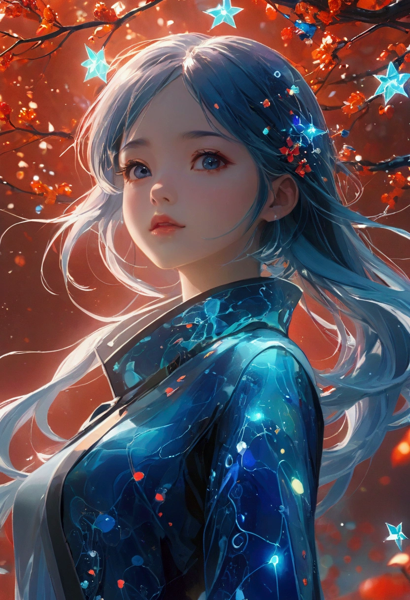 Beautiful Girl，Exquisite face，Blue gradient 3D pixel blocks，Fades away, Twisted but still fascinating, Thousand Flower Glass, swirl, Abstract Aesthetics, Starry Sky，fantasy，magic，mystery，illusory，Dreamy，futuristic tech wear, red symmetry, Concept map of the scene, Ultra-high resolution, masterpiece, best quality，Anime style，Dynamic Angle，Octane Rendering，Concept map of the scene,