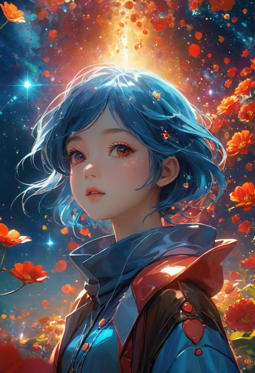 Beautiful Girl,Exquisite face,Blue gradient 3D pixel blocks,Fades away, Twisted but still fascinating, Thousand Flower Glass, swirl, Abstract Aesthetics, Starry Sky,fantasy,magic,mystery,illusory,Dreamy,futuristic tech wear, red symmetry, Concept map of the scene, Ultra-high resolution, masterpiece, best quality,Anime style,Dynamic Angle,Octane Rendering,Concept map of the scene,