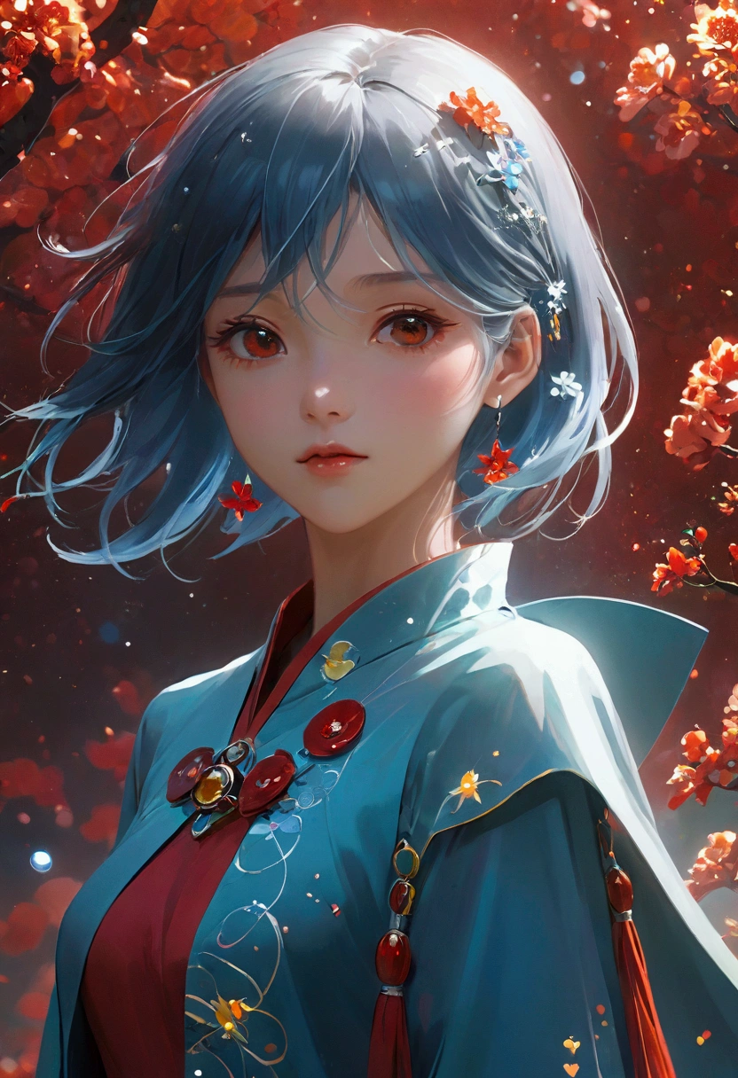 Beautiful Girl，Exquisite face，Blue gradient 3D pixel blocks，Fades away, Twisted but still fascinating, Thousand Flower Glass, swirl, Abstract Aesthetics, Starry Sky，fantasy，magic，mystery，illusory，Dreamy，futuristic tech wear, red symmetry, Concept map of the scene, Ultra-high resolution, masterpiece, best quality，Anime style，Dynamic Angle，Octane Rendering，Concept map of the scene,
