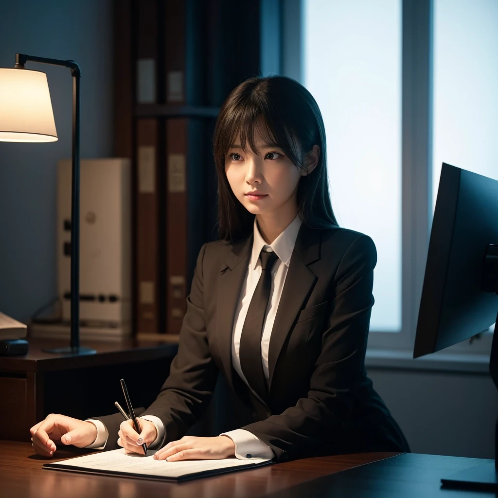 Office Lady）Please portray。She has a faint smile。She was dressed in a chic business suit.、I am concentrating on my work at my desk.。There is a desk lamp in the room.、The light illuminates her face and hands.。Due to limited light sources、There is strong shadowing on her face and body.。In the background、I can see the dim city night view.、The moonlight streaming in through the window highlights her silhouette.。Overall、The contrast between light and shadow is enhanced、It creates a serious and professional atmosphere.。