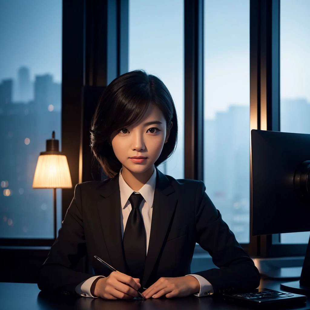 Office Lady)Please portray。She has a faint smile。She was dressed in a chic business suit.、I am concentrating on my work at my desk.。There is a desk lamp in the room.、The light illuminates her face and hands.。Due to limited light sources、There is strong shadowing on her face and body.。In the background、I can see the dim city night view.、The moonlight streaming in through the window highlights her silhouette.。Overall、The contrast between light and shadow is enhanced、It creates a serious and professional atmosphere.。