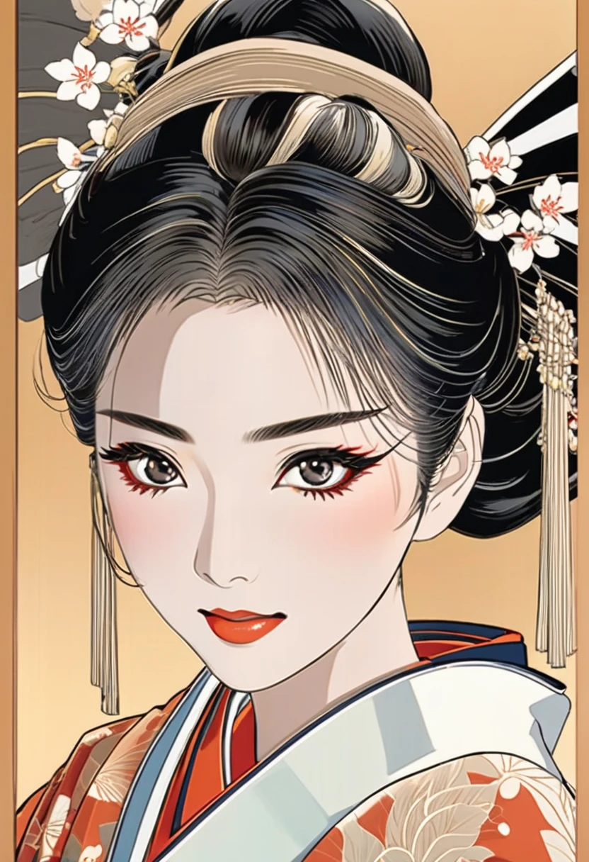 ( best quality:1.2), 1 Girl only,((ukiyoe)),big smiling, Exquisite makeup, Exquisite eyes, Eye detail,forehead