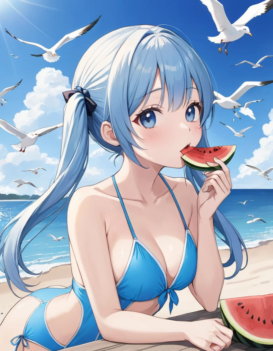 Light blue long hair、Beautiful girl with twin tails、A beautiful girl eating watermelon on the beach、Cute Swimsuit、Blue sky、Seagulls are flying、