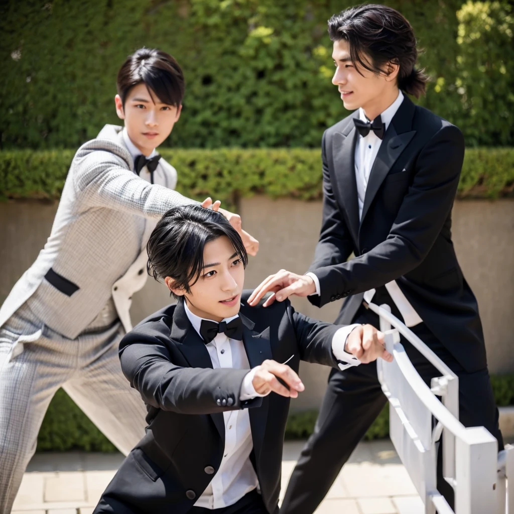 A handsome young Japanese man with Japanese style hair and a black suit is demonstrating fencing.