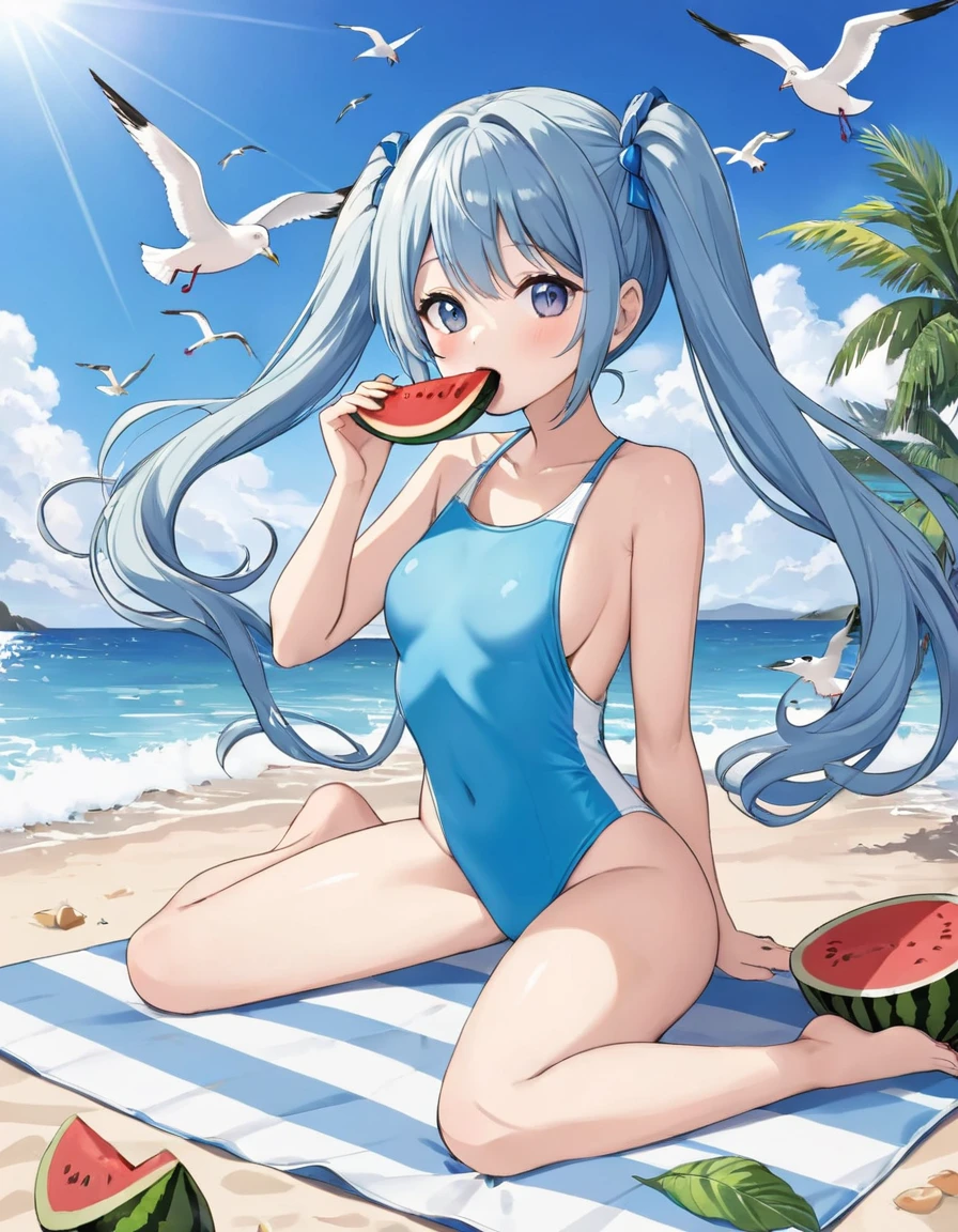 Light blue long hair、Beautiful girl with twin tails、A beautiful girl eating watermelon on the beach、Cute Swimsuit、Blue sky、Seagulls are flying、