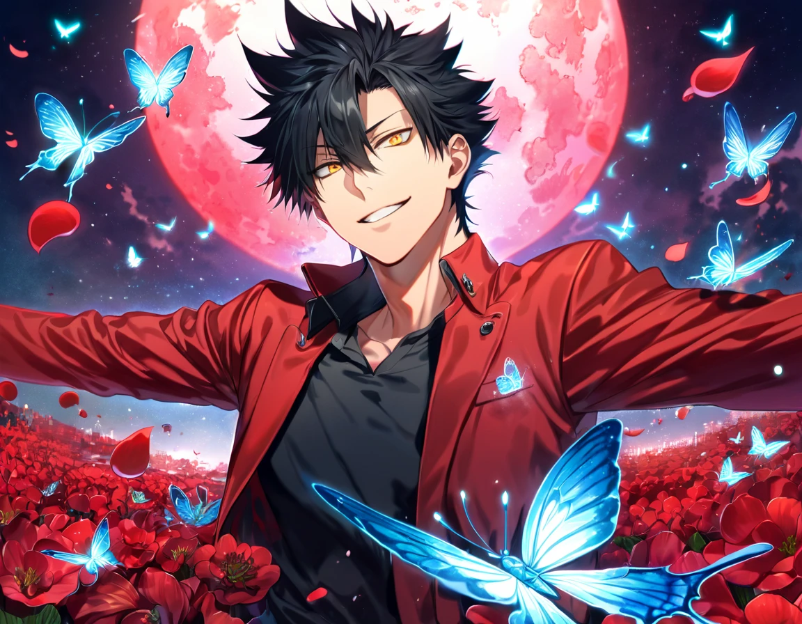 absurdres, highres, ultra detailed, HDR, master piece, extremely detailed, Kuroo Tetsurou, black hair, expressive yellow eyes, Haikyuu!, sexy man, handsome, best quality, red moon, red flowers, fantasy, magical, solo, red water, red shining fireflies, red petals, handsome smile, silver small butterflies, red dust, red jacket, black tight shirt