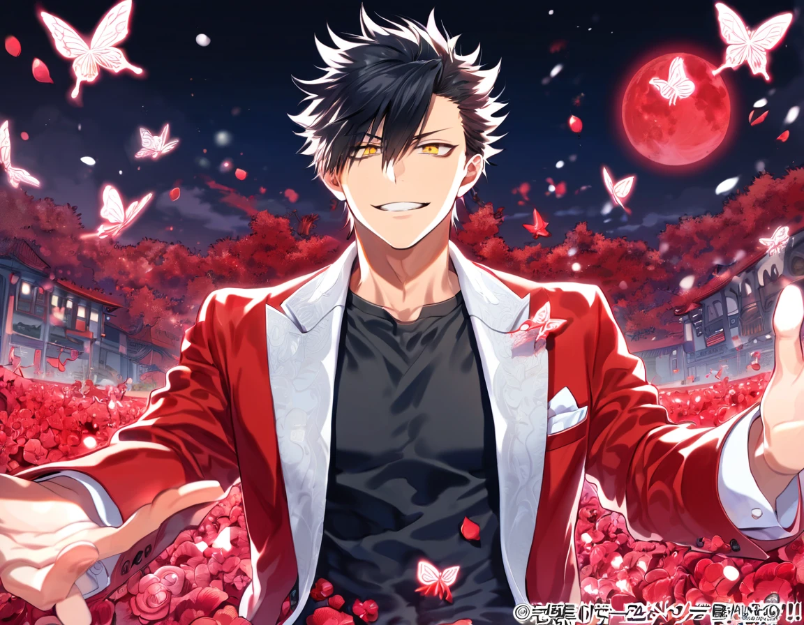 absurdres, highres, ultra detailed, HDR, master piece, extremely detailed, Kuroo Tetsurou, black hair, expressive yellow eyes, Haikyuu!, sexy man, handsome, best quality, red moon, red flowers, fantasy, magical, solo, red water, red shining fireflies, red petals, handsome smile, silver small butterflies, red dust, red jacket, black tight shirt