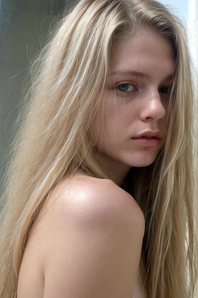 A 18-year-old blonde woman, ((hiperrealismo))textured skin, goosebumps, perfect eyes. Blonde hair with light brown roots. cabello rubio, Hair with brown roots, extra long hair, really long hair. photo taken with iPhone, Porta 160 color. Provocative pose. Behind a see through glass,  right on it