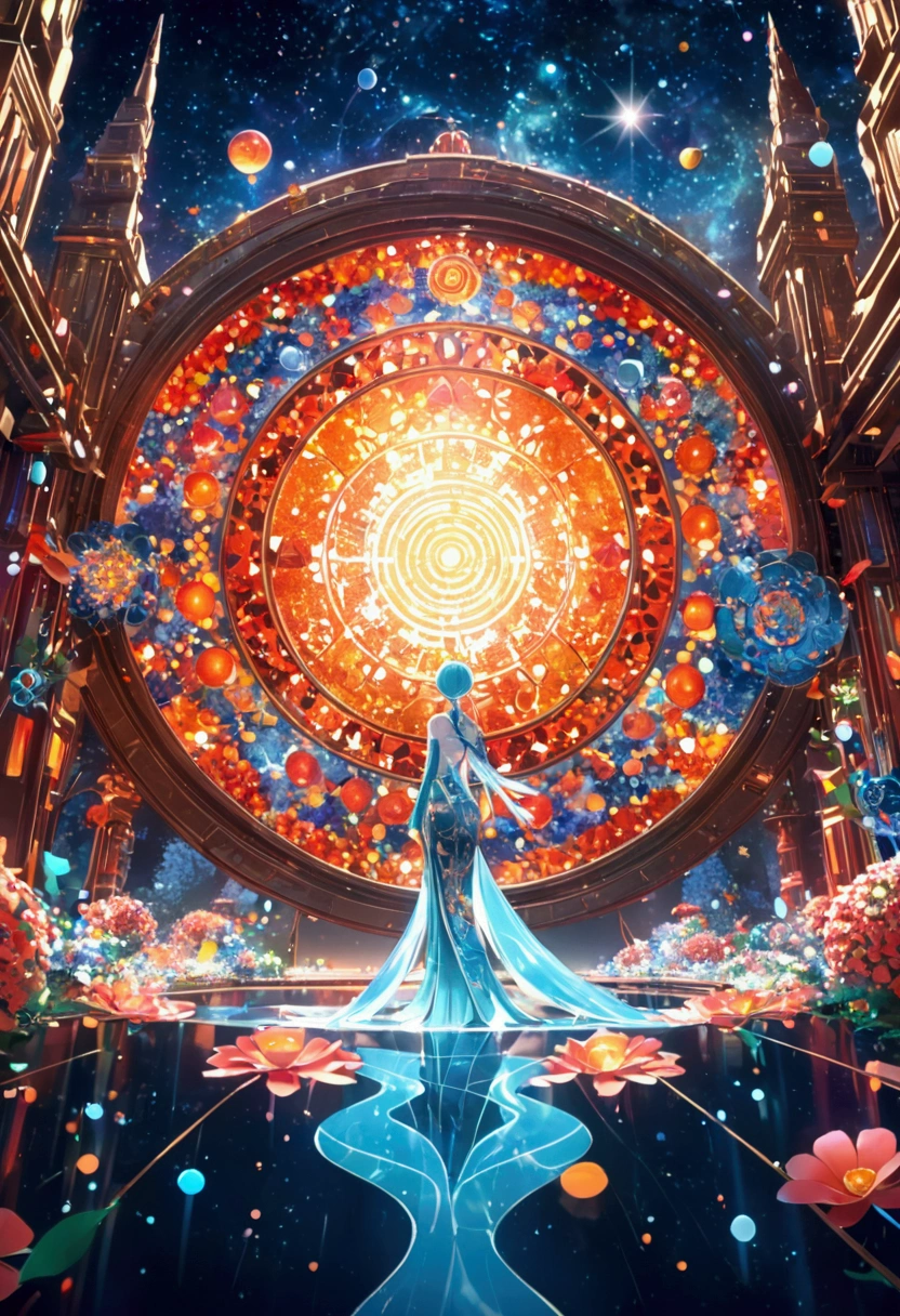 Beautiful Girl,Exquisite face,Blue gradient 3D pixel blocks,Fades away, Twisted but still fascinating, Thousand Flower Glass, swirl, Abstract Aesthetics, Starry Sky,fantasy,magic,mystery,illusory,Dreamy,futuristic tech wear, red symmetry, Concept map of the scene, Ultra-high resolution, masterpiece, best quality,Anime style,Dynamic Angle,Octane Rendering,Concept map of the scene,