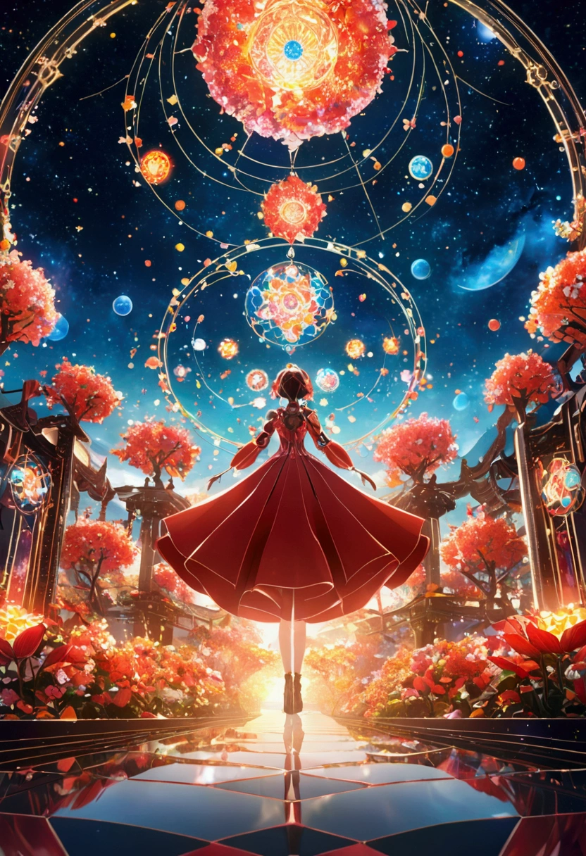 Beautiful Girl,Exquisite face,Blue gradient 3D pixel blocks,Fades away, Twisted but still fascinating, Thousand Flower Glass, swirl, Abstract Aesthetics, Starry Sky,fantasy,magic,mystery,illusory,Dreamy,futuristic tech wear, red symmetry, Concept map of the scene, Ultra-high resolution, masterpiece, best quality,Anime style,Dynamic Angle,Octane Rendering,Concept map of the scene,