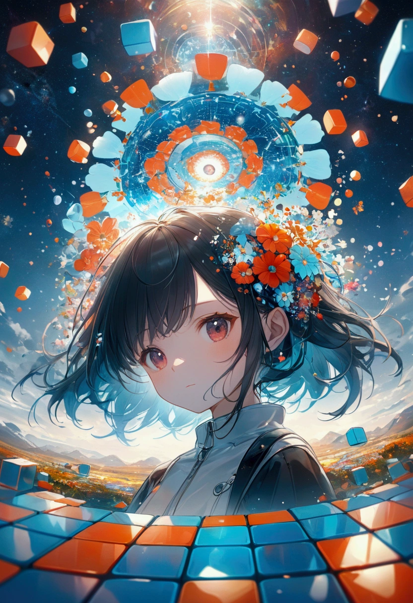 Beautiful Girl,Exquisite face,Blue gradient 3D pixel blocks,Fades away, Twisted but still fascinating, Thousand Flower Glass, swirl, Abstract Aesthetics, Starry Sky,fantasy,magic,mystery,illusory,Dreamy,futuristic tech wear, red symmetry, Concept map of the scene, Ultra-high resolution, masterpiece, best quality,Anime style,Dynamic Angle,Octane Rendering,Concept map of the scene,