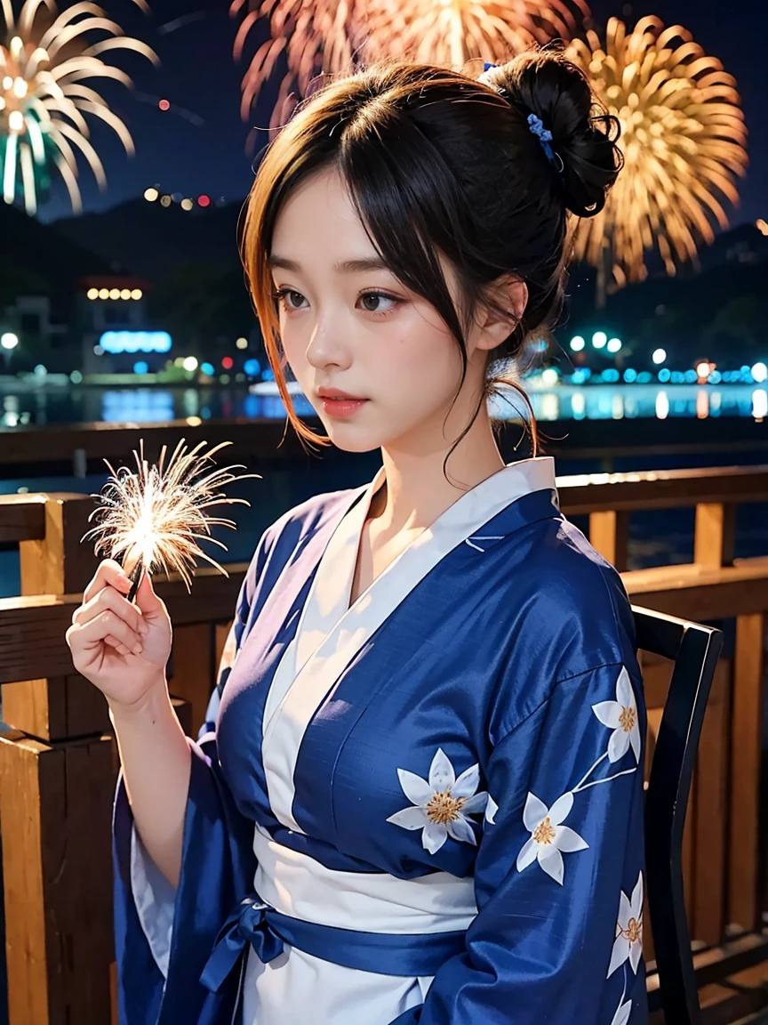 2Two bun hair。Blue yukata。Fireworks display。