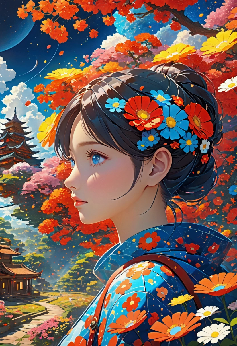 Beautiful Girl,Exquisite face,Blue gradient 3D pixel blocks,Fades away, Twisted but still fascinating, Thousand Flower Glass, swirl, Abstract Aesthetics, Starry Sky,fantasy,magic,mystery,illusory,Dreamy,futuristic tech wear, red symmetry, Concept map of the scene, Ultra-high resolution, masterpiece, best quality,Anime style,Dynamic Angle,Octane Rendering,Concept map of the scene,
