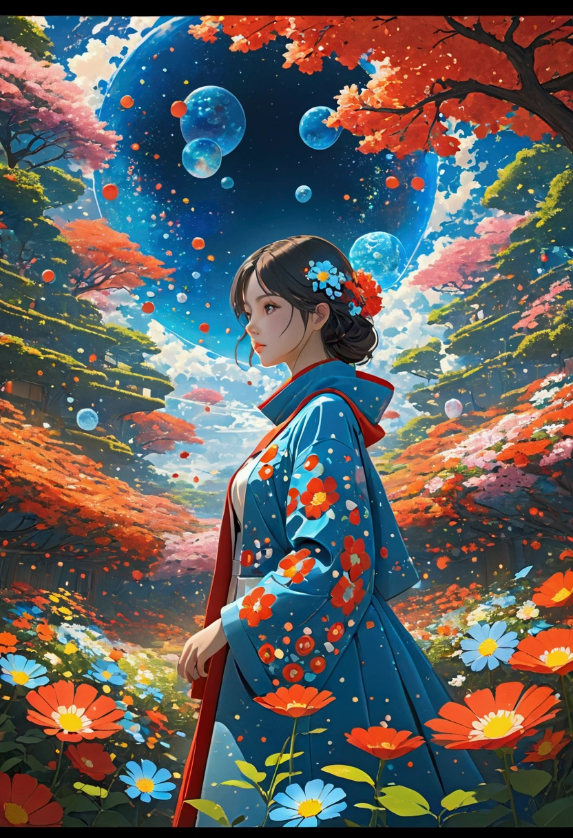 Beautiful Girl，Exquisite face，Blue gradient 3D pixel blocks，Fades away, Twisted but still fascinating, Thousand Flower Glass, swirl, Abstract Aesthetics, Starry Sky，fantasy，magic，mystery，illusory，Dreamy，futuristic tech wear, red symmetry, Concept map of the scene, Ultra-high resolution, masterpiece, best quality，Anime style，Dynamic Angle，Octane Rendering，Concept map of the scene,
