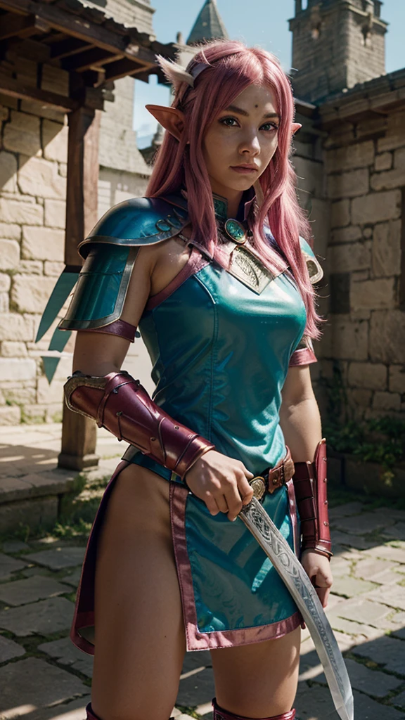 Hd, , warrior, jade armor, sword in right hand' shield in left hand, pink hair, castle background, white skintone, red eyes, elf ears,