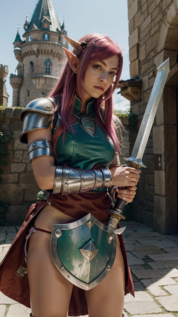 Hd, , warrior, jade armor, sword in right hand' shield in left hand, pink hair, castle background, white skintone, red eyes, elf ears, 