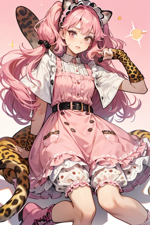 Kat Jungle Roar is a fair-skinned girl with bright peach-pink cheeks and typical black button eyes with a pink paw print below her left eye in the corner. Her long hair is light pink colored with straight cut bangs. Her hair is worn in low, curled pigtails and some curls on the top of her head. On her head is a leopard ear headband.
She wears a tan safari dress with tiny polka-dots. It has multiple buttons and pink pockets. The dress is trimmed at the collar, pockets, belt, and cuffs with leopard print. Kat also has on a pair of matching bloomers with pink bands around the lower area, fuchsia socks, and magenta boots with pale laces. SPARKLE; GLITTER