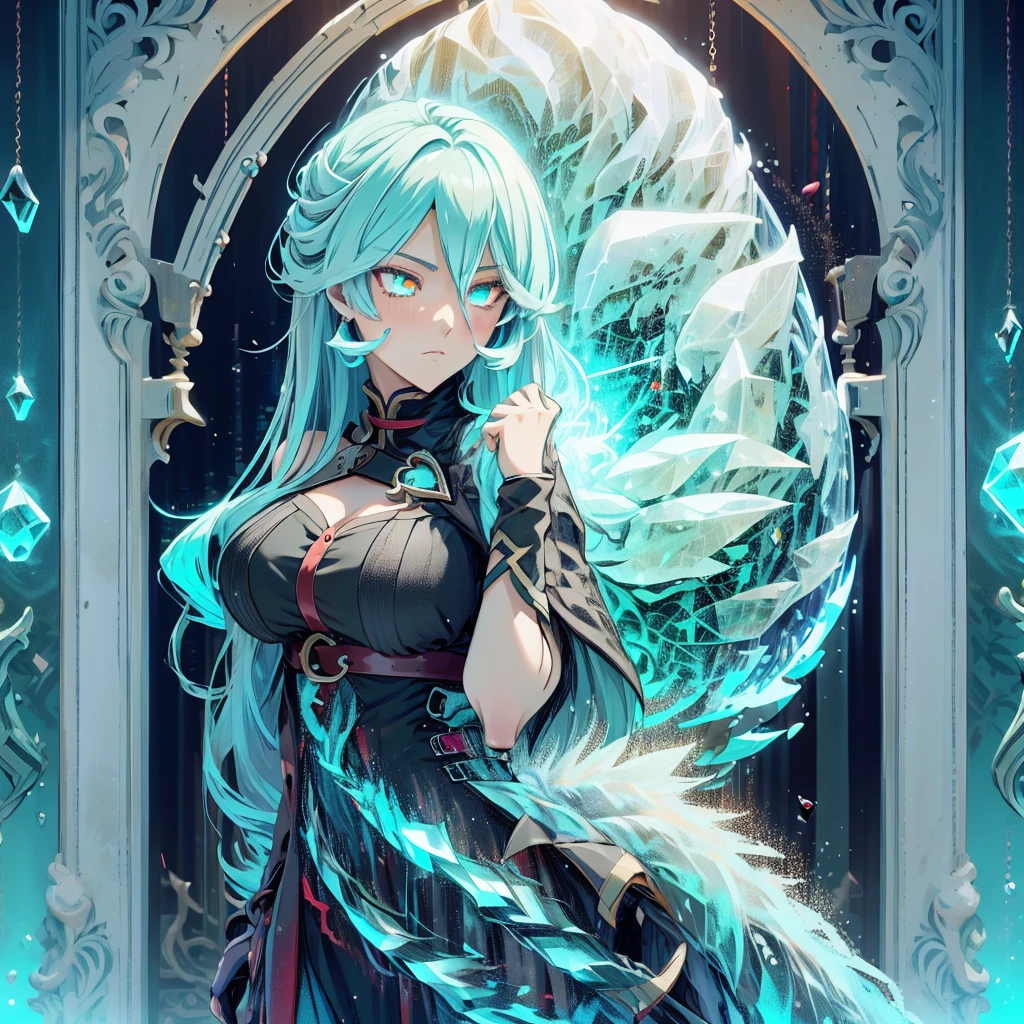 1woman, Beautiful, perfect anotomy, turquoise long hair, black scarlet eye, stature high, perfect face detail, queen wolf, god wolf, walking ice lake, fullmon, luciernagas, multiple sword around, good glowing, blushing, masterpiece, high quality, furry