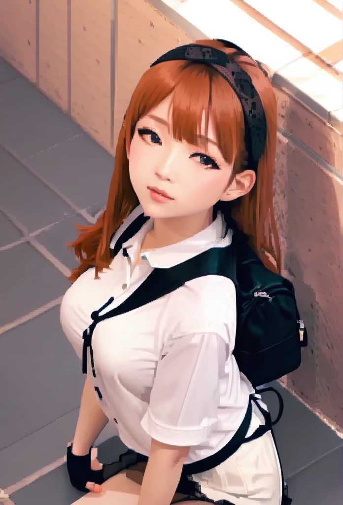 ((highest quality、masterpiece、shining eyes、detailed))、1 cute girl、beautiful face、1girl、young girl、 solo、long hair、cute bangs、 (forehead:1.2)、light brown、(Orange redhead  hair)、 athletic、 neutral、 (baseball shirt、black with white vertical lines 、 open:1.2)、white mini blouse、 black leather shorts、Fishnet tights、 from below、elegant、 looking at viewer、standing、Isometric light、 (close-up to face:1.3)、4k 