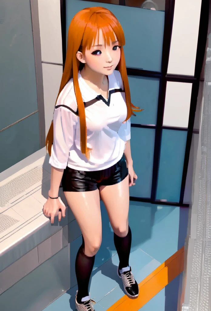 ((highest quality、masterpiece、shining eyes、detailed))、1 cute girl、beautiful face、1girl、young girl、 solo、long hair、cute bangs、 (forehead:1.2)、light brown、(Orange redhead hair)、 athletic、 neutral、 (baseball shirt、black with white vertical lines 、 open:1.2)、white mini blouse、 black leather shorts、Fishnet tights、 from below、elegant、 looking at viewer、standing、Isometric light、 (close-up to face:1.3)、4k