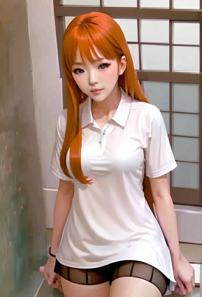 ((highest quality、masterpiece、shining eyes、detailed))、1 cute girl、beautiful face、1girl、young girl、 solo、long hair、cute bangs、 (forehead:1.2)、light brown、(Orange redhead hair)、 athletic、 neutral、 (baseball shirt、black with white vertical lines 、 open:1.2)、white mini blouse、 black leather shorts、Fishnet tights、 from below、elegant、 looking at viewer、standing、Isometric light、 (close-up to face:1.3)、4k
