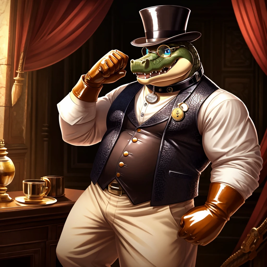 Solo, Male, fat, extremely obese, gentleman, dapper Professor Crocodile, blue eyes, (posing:1.3), (soft shading), 4k, hi res, ((detailed face, detailed)), looking at viewer, mouth wide open, steampunk, collared shirt with buttons, top hat, male focus, Explorer Outfit, glasses, monocle, vest with buttons, sleeves rolled up, round eyewear, brown headwear, brown vest, Crocodile is wearing a glossy leather dog collar around the neck, Crocodile is wearing the leather collar and shirt and vest at the same time, Crocodile is wearing glossy white rubber gloves on the hands, wearing white rubber gloves on the feet, gloves are rubber in texture, clenching teeth, clenching fists, leather collar is glossy and shiny with a lot of detail, Crocodile is wearing gloves and leather collar at the same time, leather collar has a round dog-tag, leather collar is thick and detailed, leather collar is glossy and shiny, fancy clothing, dapper vest, dapper shirt, leather collar is thick.
