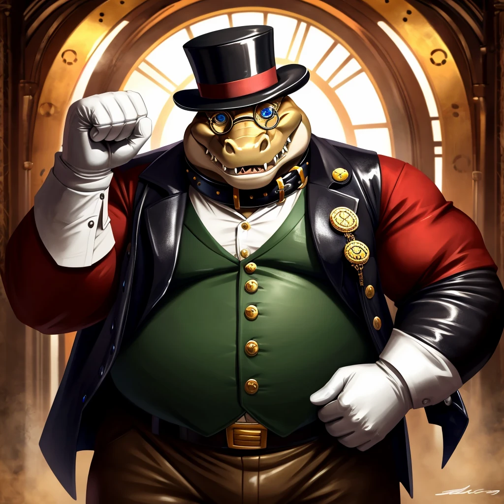 Solo, Male, fat, extremely obese, gentleman, dapper Professor Crocodile, blue eyes, (posing:1.3), (soft shading), 4k, hi res, ((detailed face, detailed)), looking at viewer, mouth wide open, steampunk, collared shirt with buttons, top hat, male focus, Explorer Outfit, glasses, monocle, vest with buttons, sleeves rolled up, round eyewear, brown headwear, brown vest, Crocodile is wearing a glossy leather dog collar around the neck, Crocodile is wearing the leather collar and shirt and vest at the same time, Crocodile is wearing glossy white rubber gloves on the hands, wearing white rubber gloves on the feet, gloves are rubber in texture, clenching teeth, clenching fists, leather collar is glossy and shiny with a lot of detail, Crocodile is wearing gloves and leather collar at the same time, leather collar has a round dog-tag, leather collar is thick and detailed, leather collar is glossy and shiny, fancy clothing, dapper vest, dapper shirt, leather collar is thick.