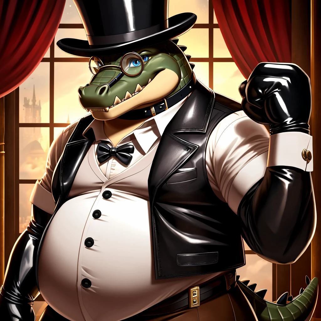 Solo, Male, fat, extremely obese, gentleman, dapper Professor Crocodile, blue eyes, (posing:1.3), (soft shading), 4k, hi res, ((detailed face, detailed)), looking at viewer, mouth wide open, steampunk, collared shirt with buttons, top hat, male focus, Explorer Outfit, glasses, monocle, vest with buttons, sleeves rolled up, round eyewear, brown headwear, brown vest, Crocodile is wearing a glossy leather dog collar around the neck, Crocodile is wearing the leather collar and shirt and vest at the same time, Crocodile is wearing glossy white rubber gloves on the hands, wearing white rubber gloves on the feet, gloves are rubber in texture, clenching teeth, clenching fists, leather collar is glossy and shiny with a lot of detail, Crocodile is wearing gloves and leather collar at the same time, leather collar has a round dog-tag, leather collar is thick and detailed, leather collar is glossy and shiny, fancy clothing, dapper vest, dapper shirt, leather collar is thick.