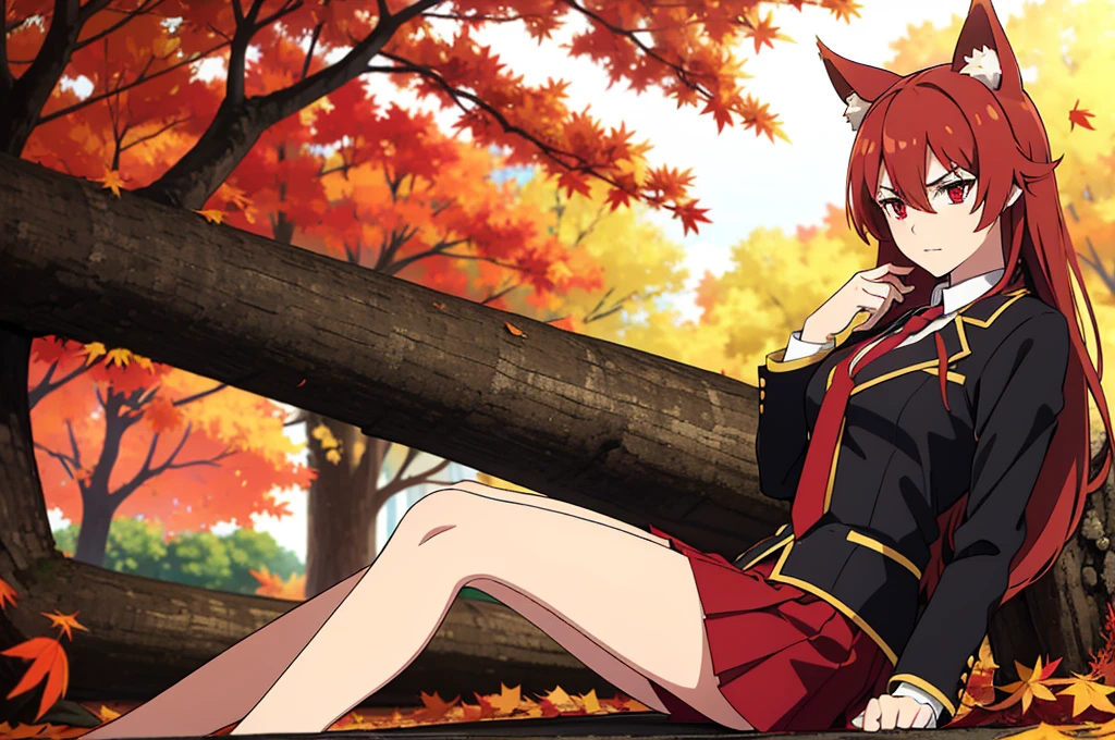 ((beautiful face)),1girl ,20s,mature female,solo,(red hair),long hair,red eyes,fox ears,(autumn leaves,outdoors),serious,necktie,black jacket, blazer,long sleeves,pleated skirt,looking ai view,feet out of frame,falling leaves,sitting,holding,hair between eyes,against tree