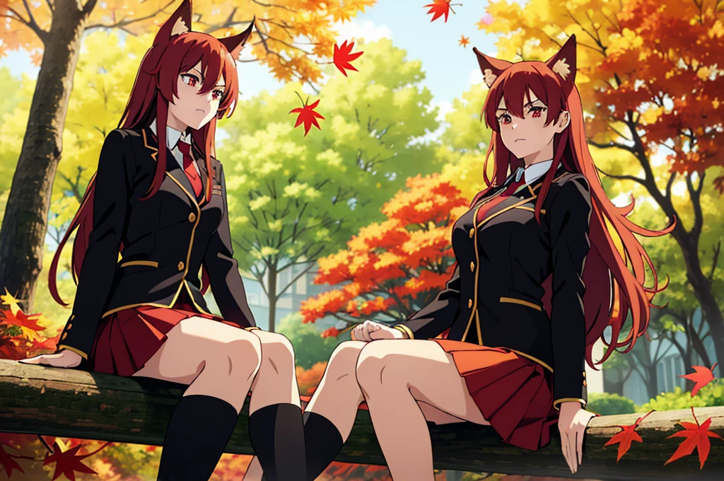 ((beautiful face)),1girl ,20s,mature female,solo,(red hair),long hair,red eyes,fox ears,(autumn leaves,outdoors),serious,necktie,black jacket, blazer,long sleeves,pleated skirt,looking ai view,feet out of frame,falling leaves,sitting,holding,hair between eyes,against tree