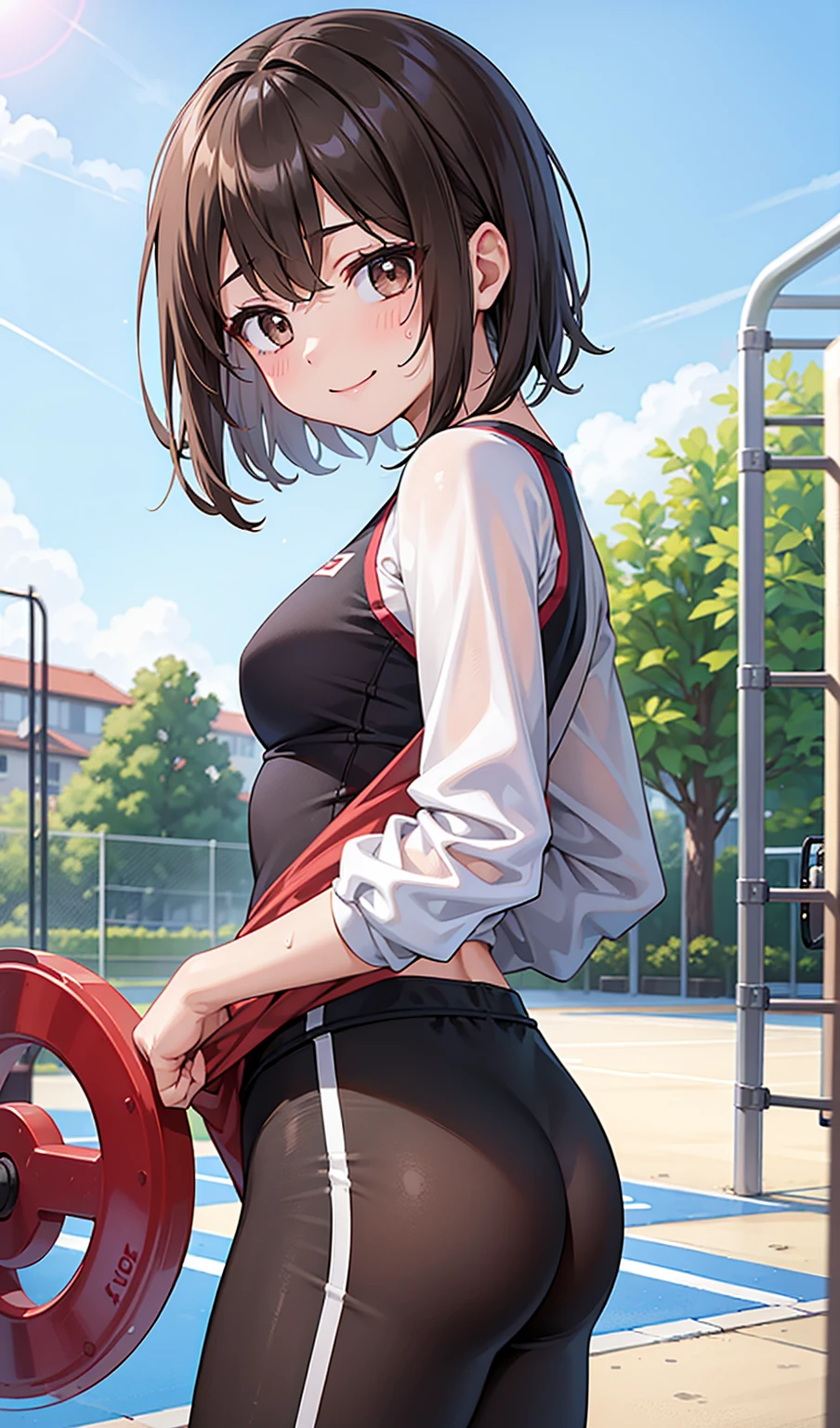 (One girl)、smile、first-class、Extremely delicate and beautiful、Gym suit、playground、Sweat、Dark brown short hair、Dark brown eyes