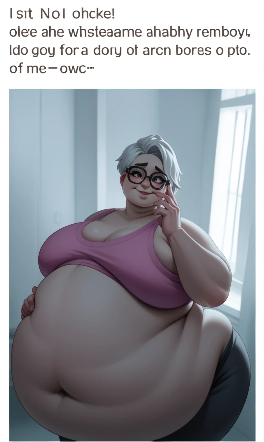 Sunkissed skin all over, Thicc, moobs, extremely morbidly obese, pink and white hair, ((wearing)), black 50s glasses, pink tanktop, black leggings, voluptuous boy, feminine boy, femboy, perfect hands, perfect face, smile, (anatomically correct), (Perfect/ realistic proportions:1.2), (overwhelmingly fat arms, obese face), hands grabbing belly, ((extremely widest hips possible!)), ((extremely massive thick thighs, morbidly large belly), belly overhang!)), (1080P, 4k UHD, Masterpiece:2.1!) ((single)), background: tilted towers_fortnite