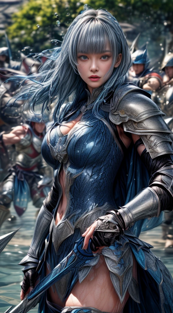 Very beautiful woman、Slender women、(Detailed face)、Realistic Skin、((Water Knight:1.1)), ((Dark blue armor))、((((Dark blue armor with very fine platinum detailing:1.5))))、((Delicate photo)),(Girl Astepeace RAW Photo Details:1.25), (Highest quality:1.6), (Ultra-high resolution:1.5), (Realistic:1.75), 8K resolution, Canon EOS R5, 50mm, Absurd, Super detailed,Cinema Lighting,((Fightfield))、((Fight))、(((White skirt with embellishments)))、Thigh-high socks、Shingard、((Light blue hair))、((Bowl cut hairstyle with bangs))、(Six Pack:1.1)、Cape、Beautiful Armor、(((Has a huge weapon)))、(In combat)、The wind is blowing、((Symmetrical armor))、((((splash:1.1))))、(((Leads a large group of blue knights:1.2)))、banner、(Armor with a dragon motif)、(((Battle Scenes)))、(blue Dragon)、((Browsing Caution:1.1))、(((Use the magic of water:1.2)))