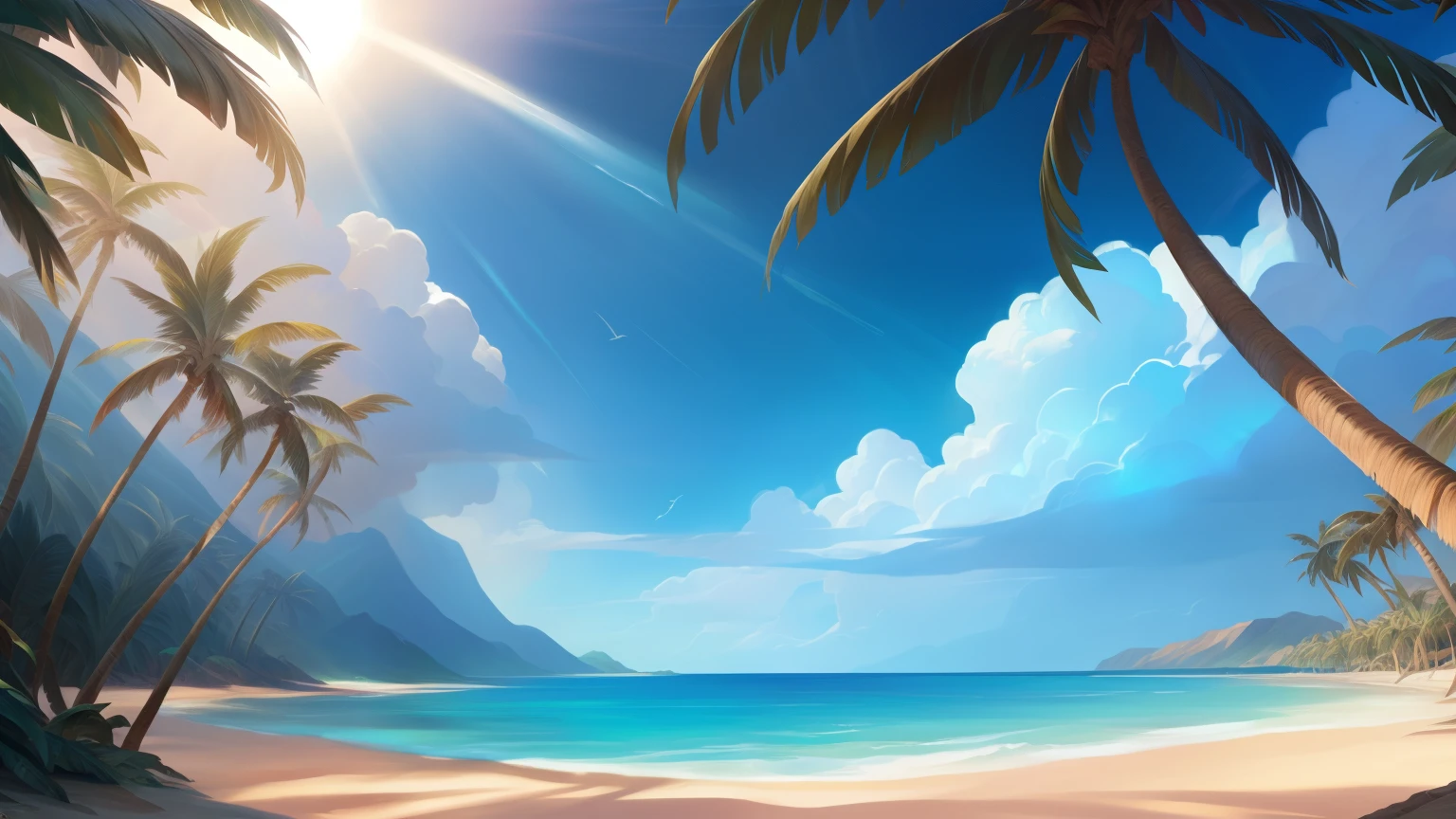 background illustration, (((no people))), painted, blurry background, daylight, beach, ocean, palm trees, dramatic clouds, ((Bonifasko lighting)),