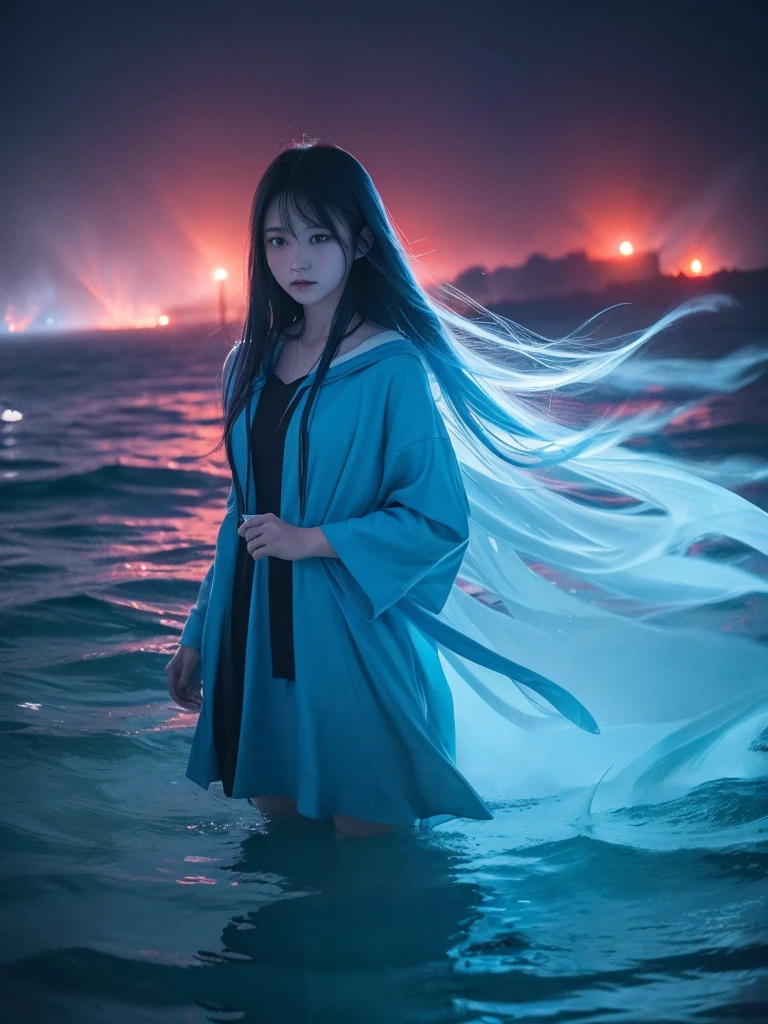 woman、Blue Flame、ghost、、night、深night、Red eyes、Apparition、mysterious、lake、Foggy、turn around、spirit、Illusion、woman、turn around、Hair fluttering in the wind、Copyright circumvention、Blue light、red eyes、lake、Light clothing、whole body、In the water、Underwater、