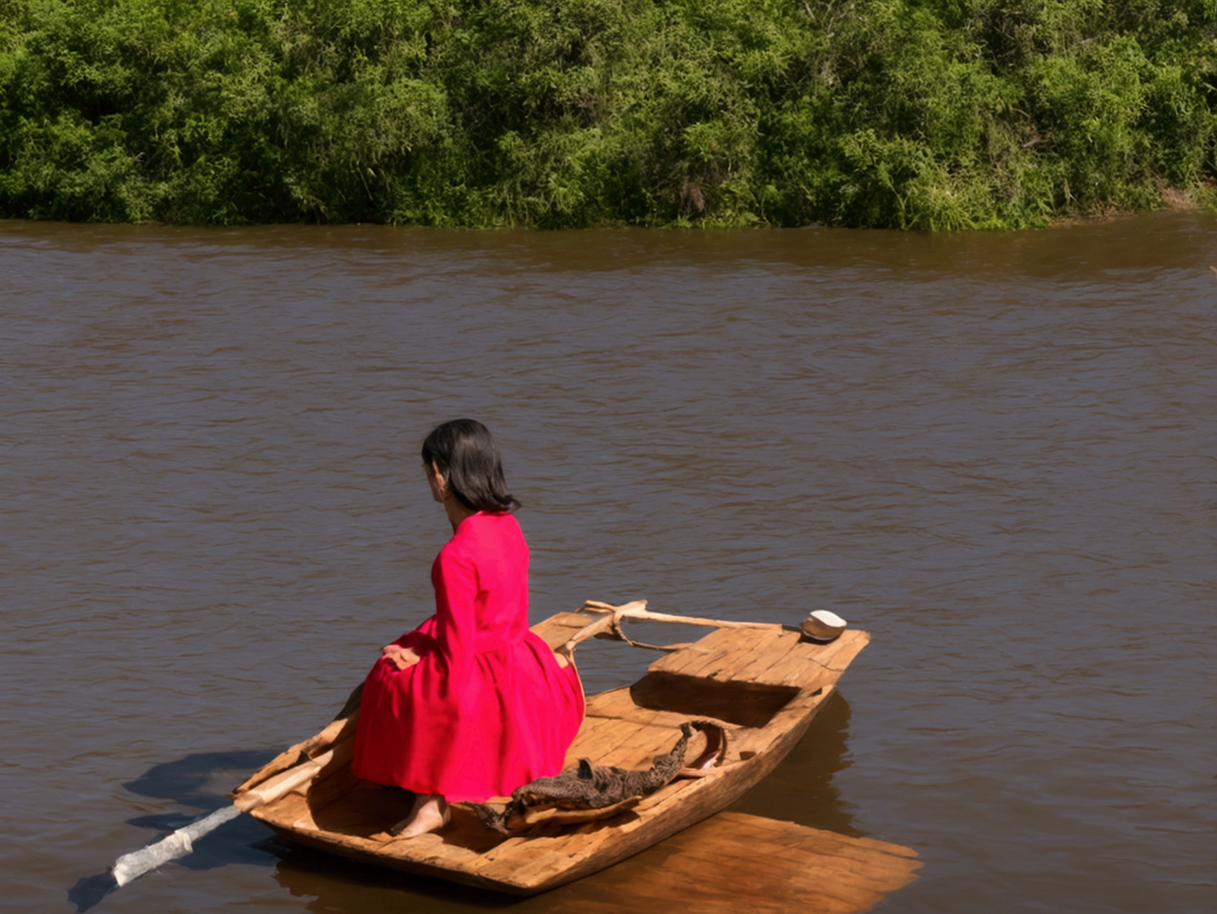 Surrealistic. PhotoRealistic. High image quality. Flush toilets floating on a big river. The toilet is on a simple small boat made of wood. A woman in a long skirt is sitting on the toilet with her skirt rolled up. The river is flowing violently and waves are rising.