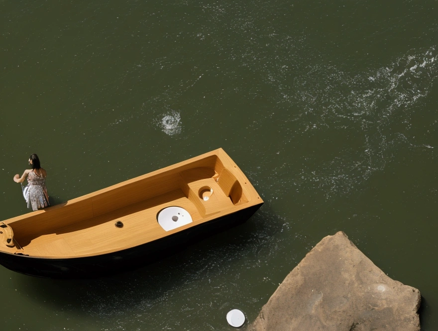 Surrealistic. PhotoRealistic. High image quality. Flush toilets floating on a big river. The toilet is on a simple small boat made of wood. A woman in a long skirt is sitting on the toilet with her skirt rolled up. The river is flowing violently and waves are rising.
