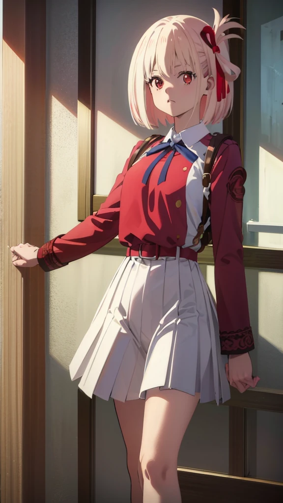 1girl, nishikigi chisato, lycoris recoil, lycoris uniform, one side up, shading eyes, depth of field, sweatdrop, bloom, blue sky, closed mouth , pussy, tsundere, cinematic lighting, masterpiece, best quality, uality, aesthetic, realistic