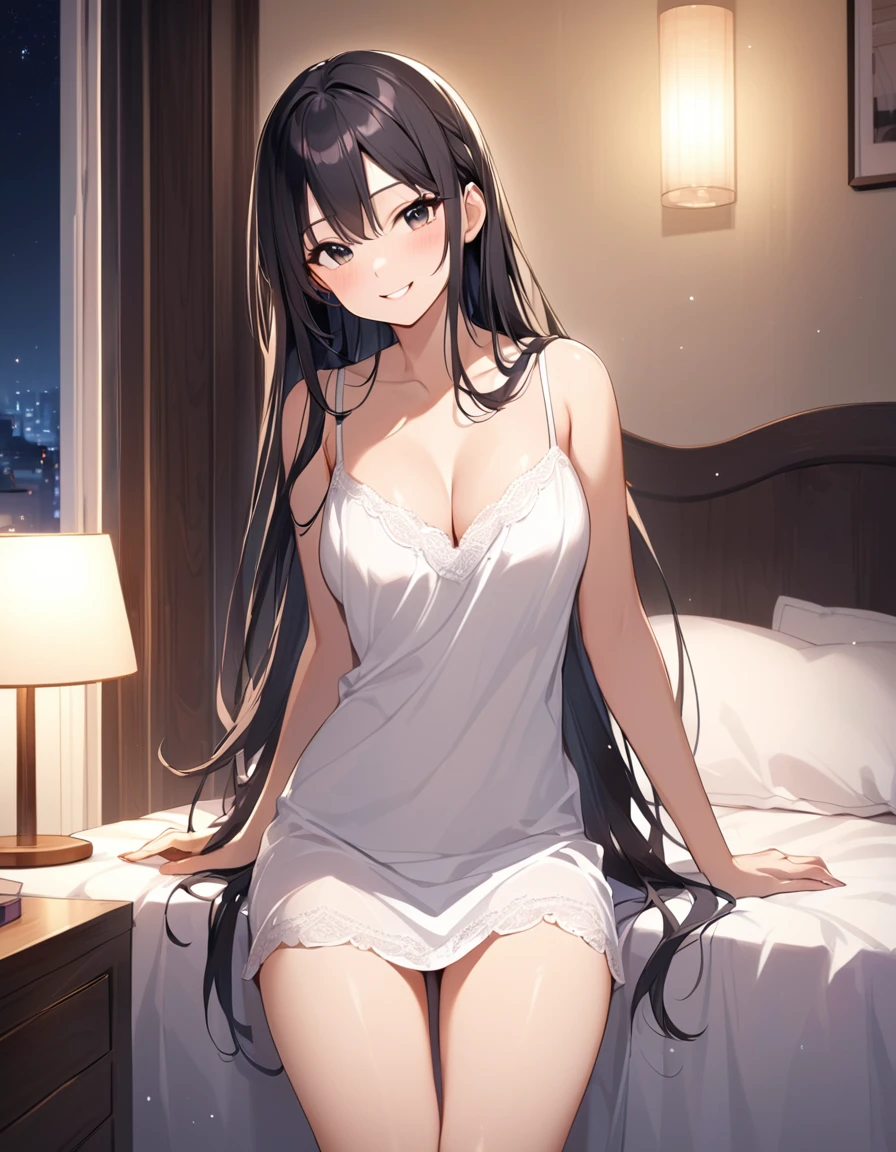 beautiful girl、Black Hair、Semi-long hair、Bedroom at night、Camisole dress、sexy、Beautiful breasts、smile